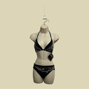 Newport News Swim 2PC Black String Bikini Pearl embellishments Size 4